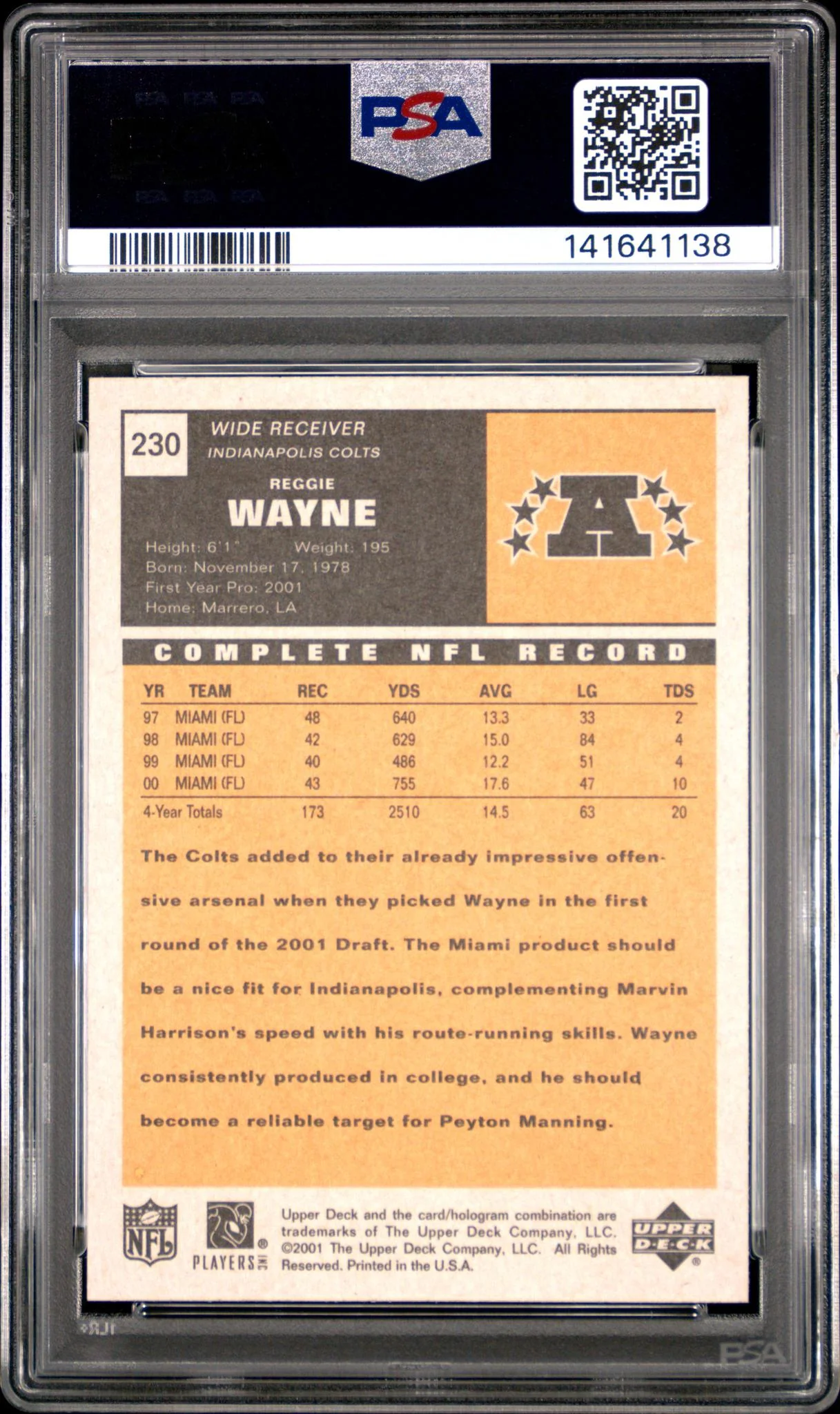 2001 Upper Deck Vintage Reggie Wayne #230 PSA 9 - Image 2