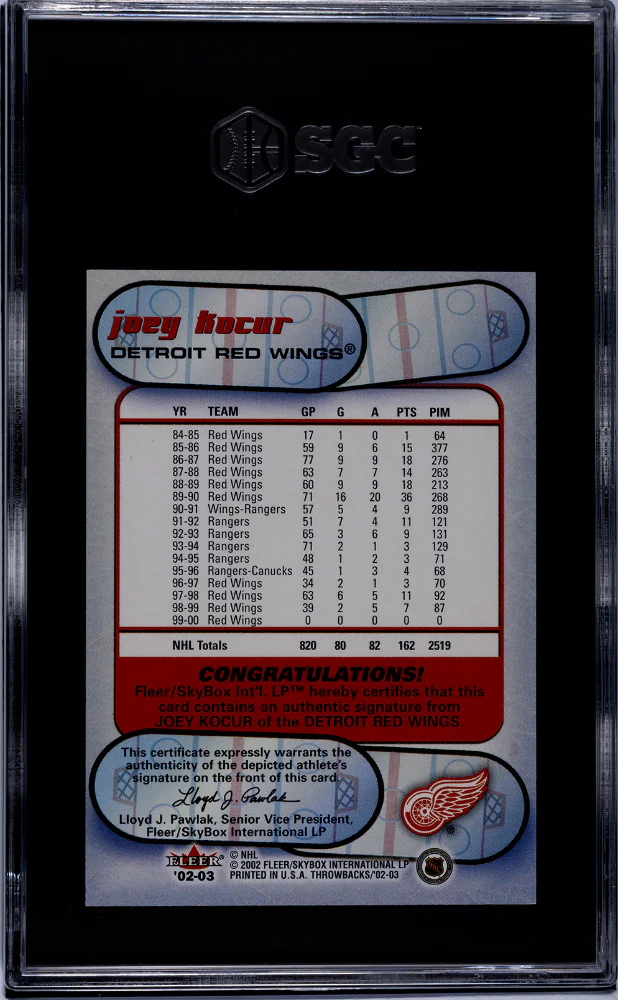 2002-03 Fleer Throwbacks Joey Kocur #NNO Auto SGC 9.5 Auto 10 - Image 2