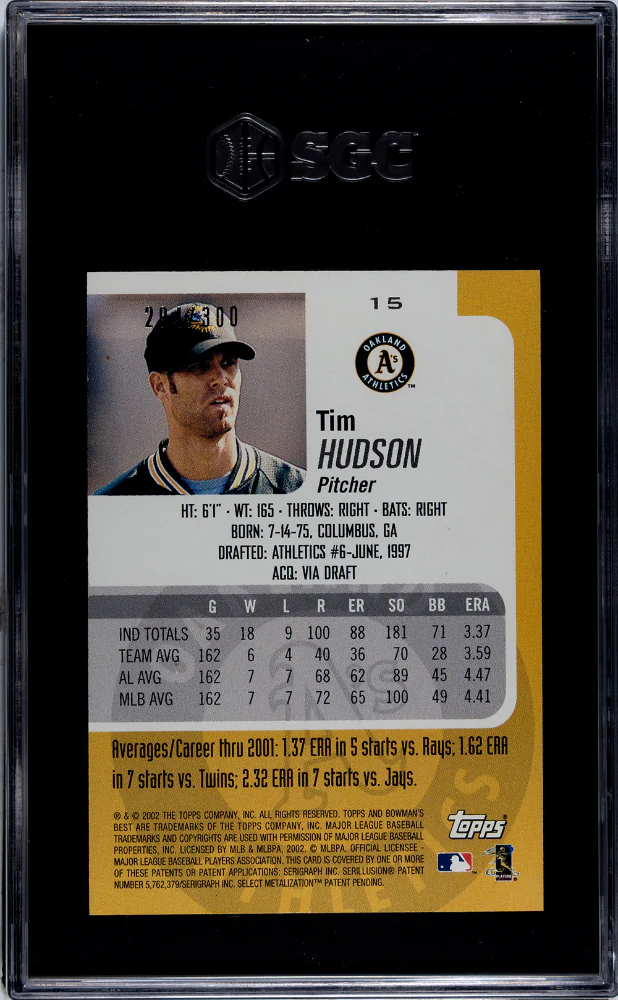 2002 Bowman's Best #15 Tim Hudson Blue 294/300 SGC 9 - Image 2