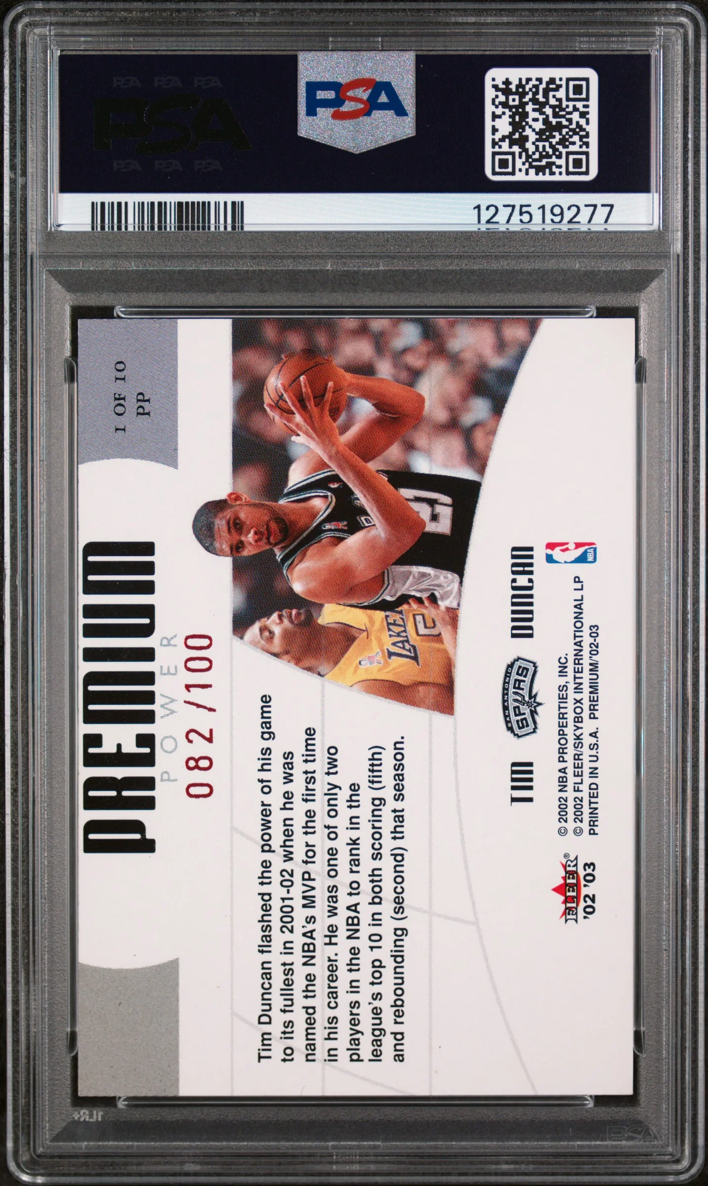 2002 Fleer Premium Premium Power Ruby Tim Duncan #1 /100 PSA 9 - Image 2