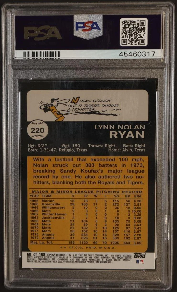 2002 Topps Archives Reserve 1973 Reprint Nolan Ryan #60 /100 PSA 9 - Image 2