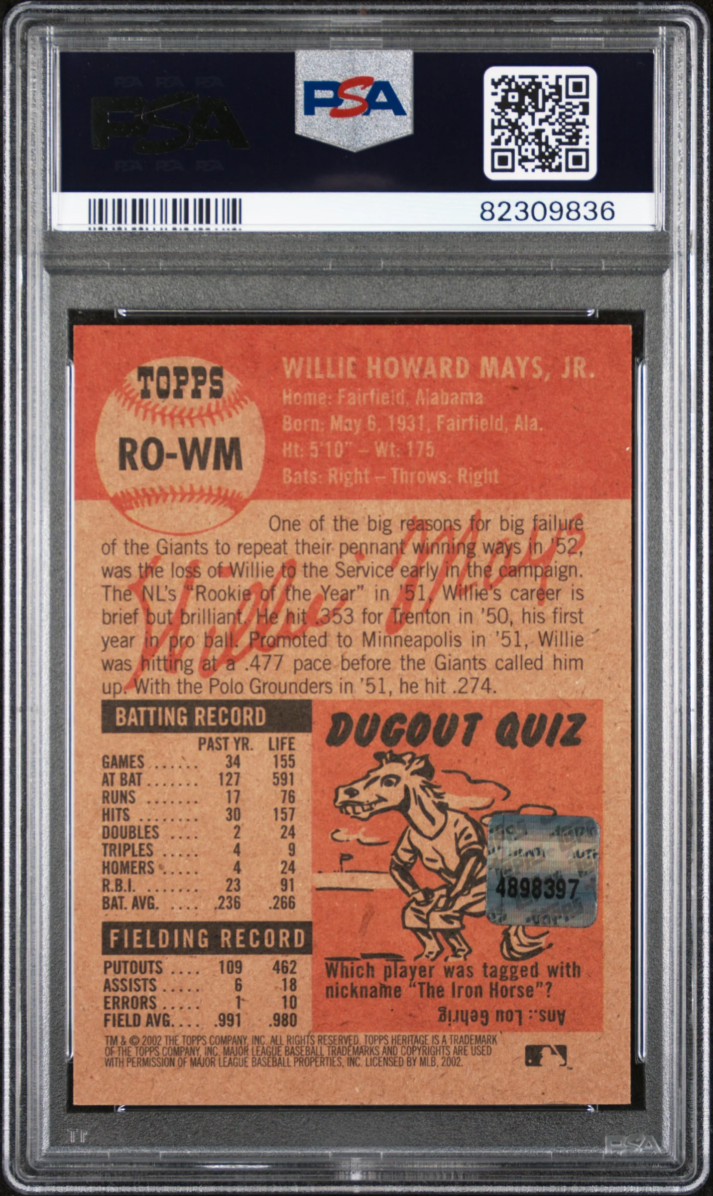 2002 Topps Heritage Real One Willie Mays #RO-WM Auto PSA 7 - Image 2