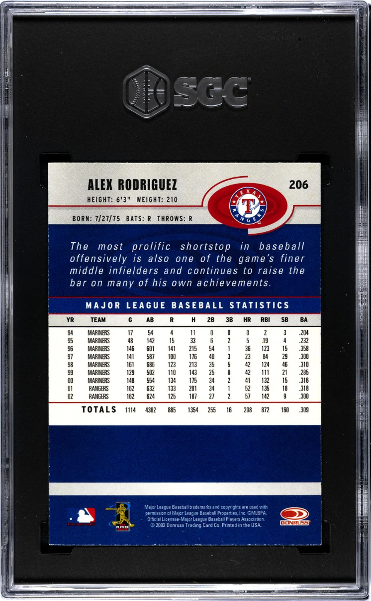 2003 Donruss #206 Alex Rodriguez SGC 9 - Image 2