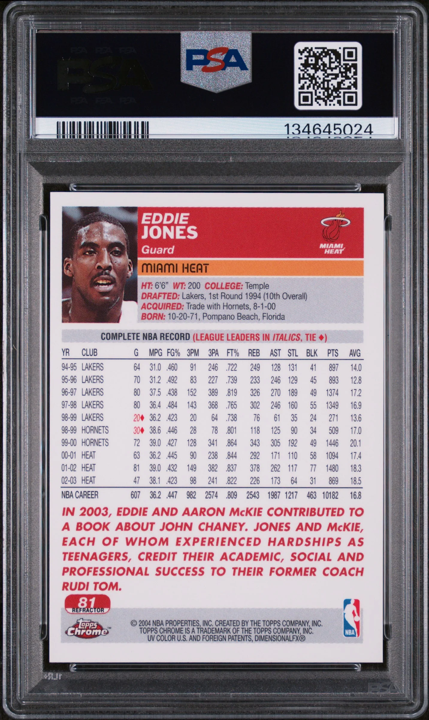 2003 Topps Chrome Refractor Eddie Jones #81 PSA 9 - Image 2