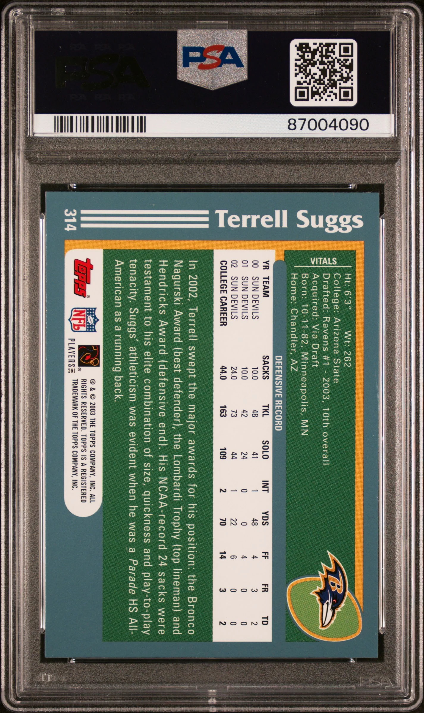 2003 Topps First Edition Terrell Suggs #314 PSA 9 - Image 2
