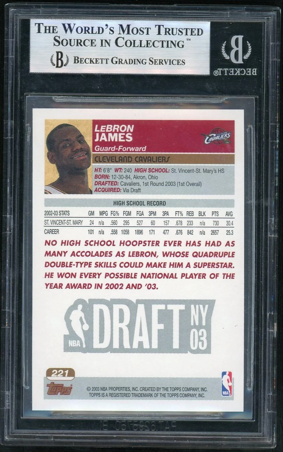 2003 Topps LeBron James #221 BGS 9 - Image 2