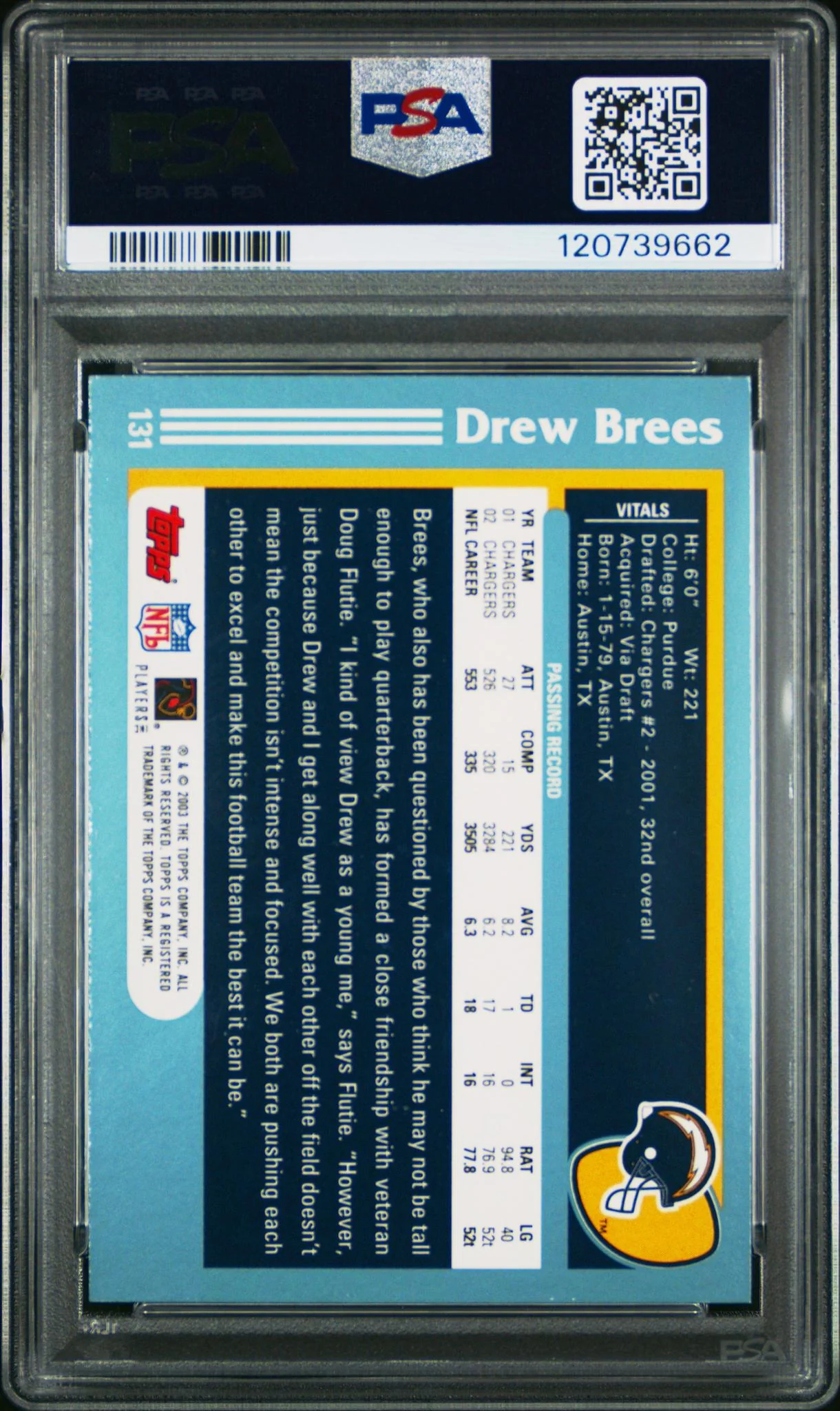 2003 Topps Printing Plates Cyan Drew Brees #131 PSA 9 - Image 2
