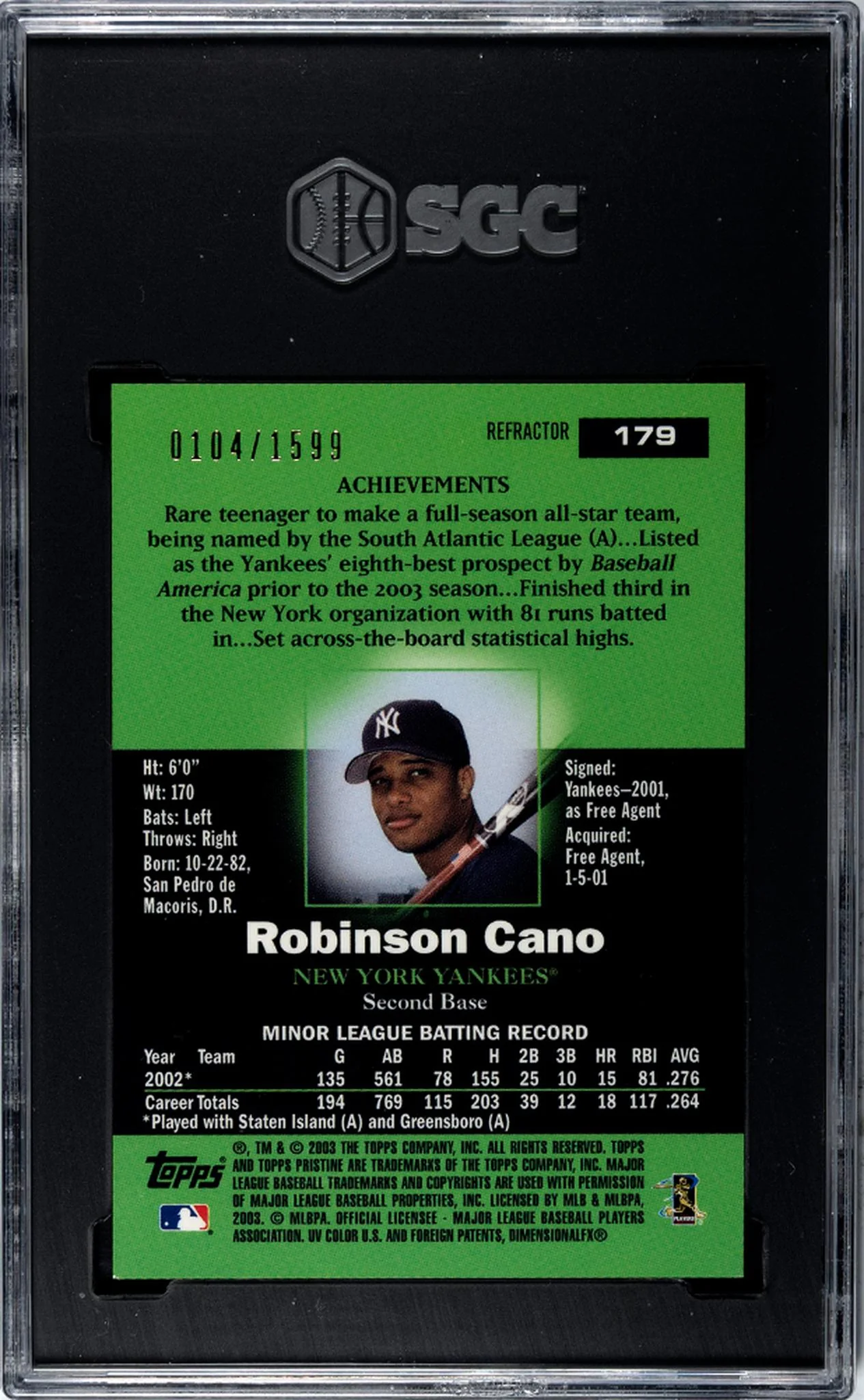 2003 Topps Pristine Refractor Robinson Cano #179 /1599 SGC 9 - Image 2