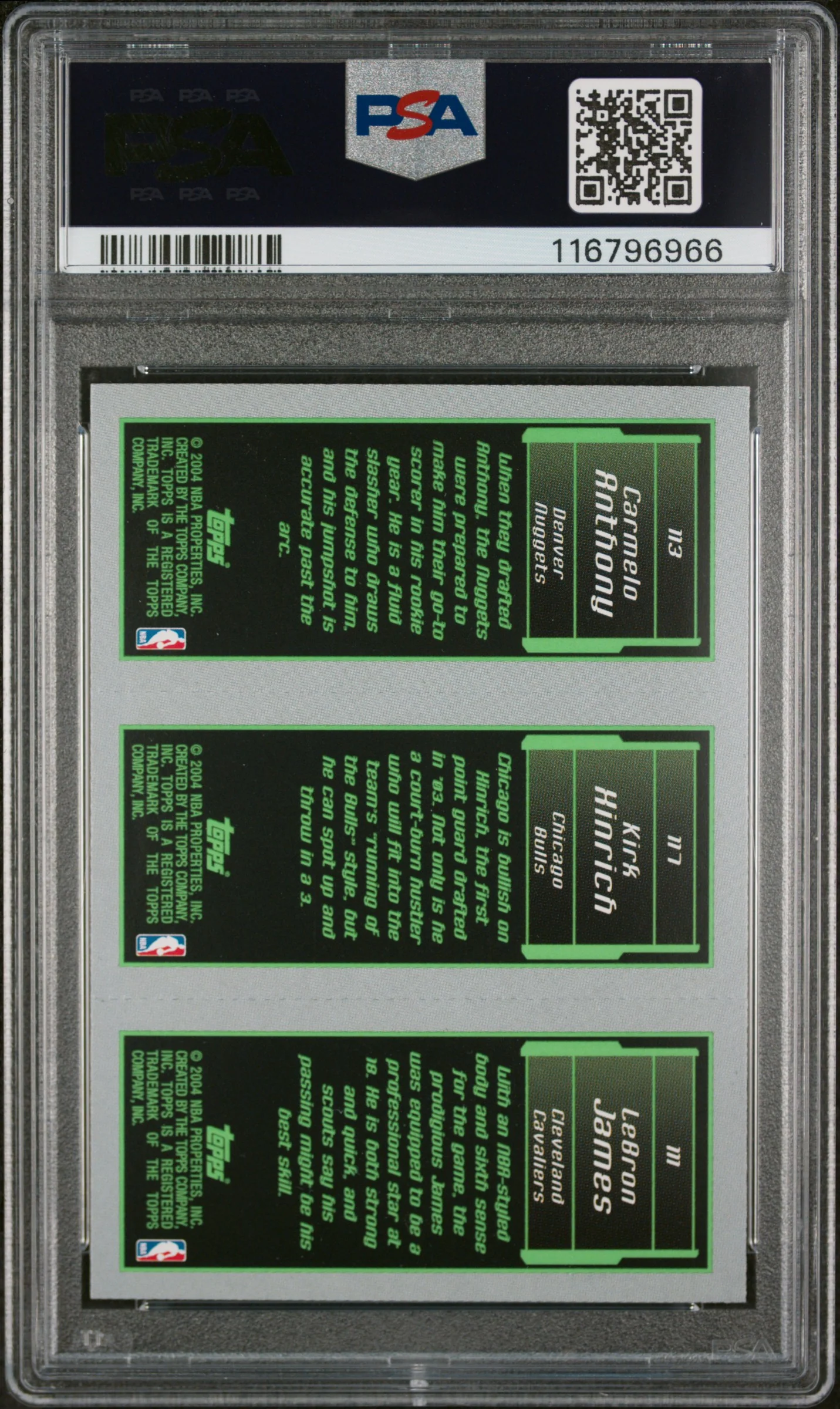 2003 Topps Rookie Matrix LeBron James/Kirk Hinrich/Carmelo Anthony #111/117/113 RC PSA 7 - Image 2