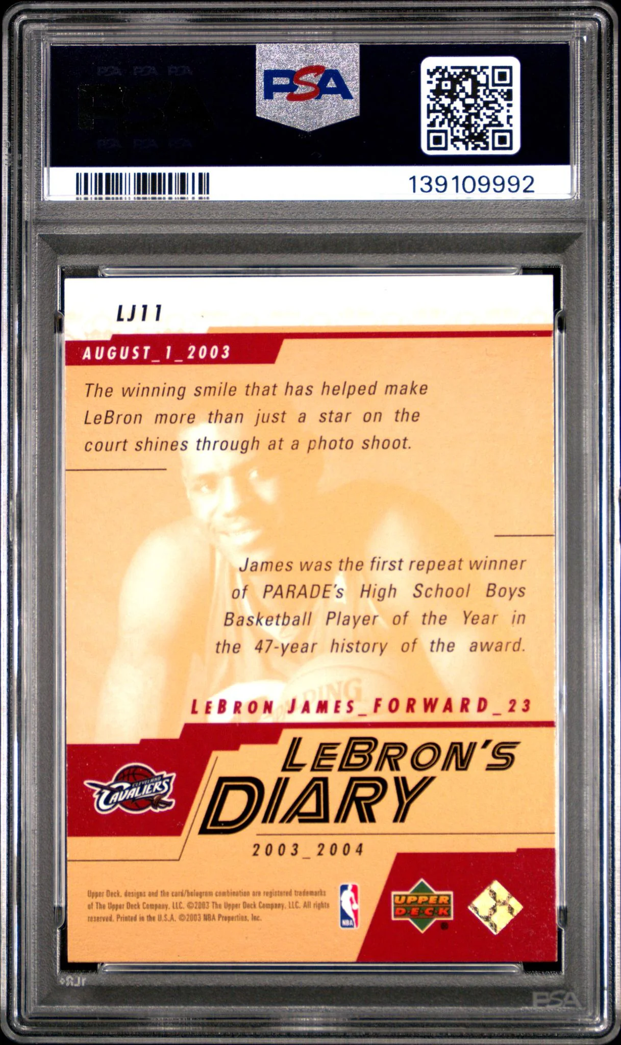 2003 Upper Deck Lebron's Diary LeBron James #LJ11 PSA 9 - Image 2