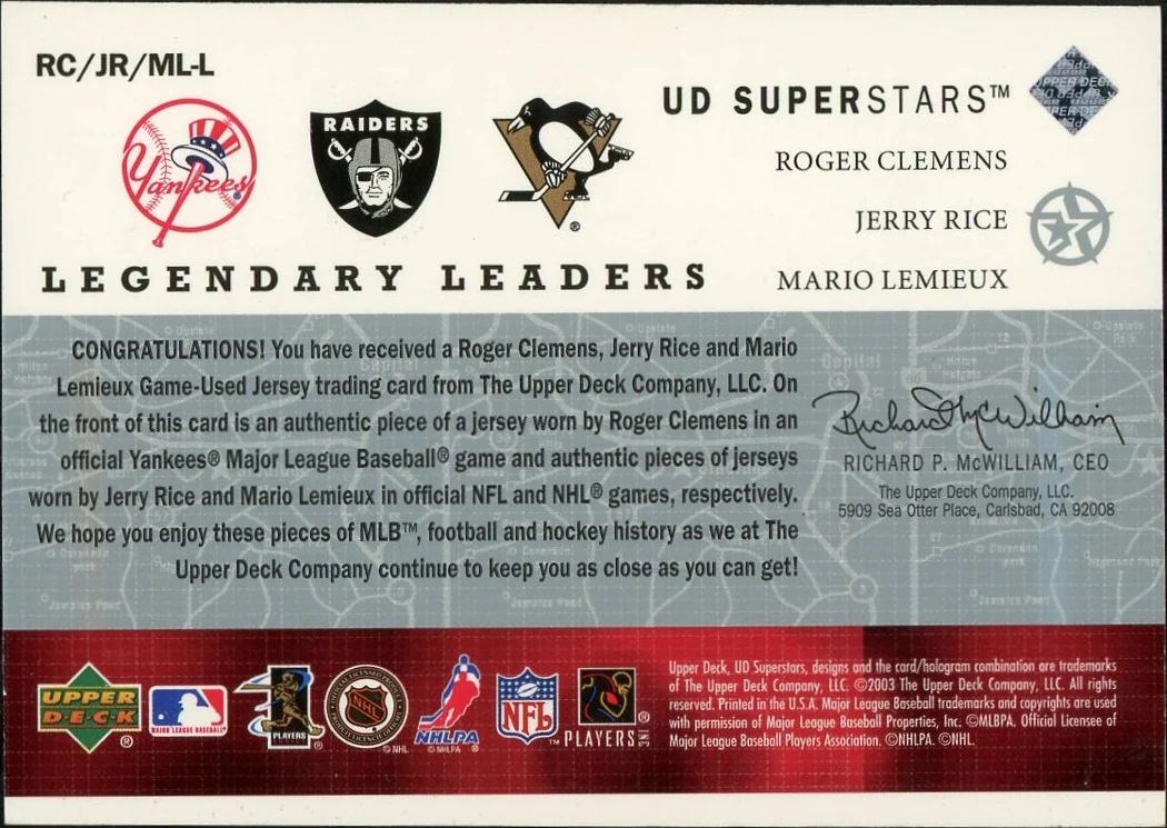 2003 Upper Deck Legendary Leaders Roger Clemens Card #RC/JR/ML-L /250 - Image 2