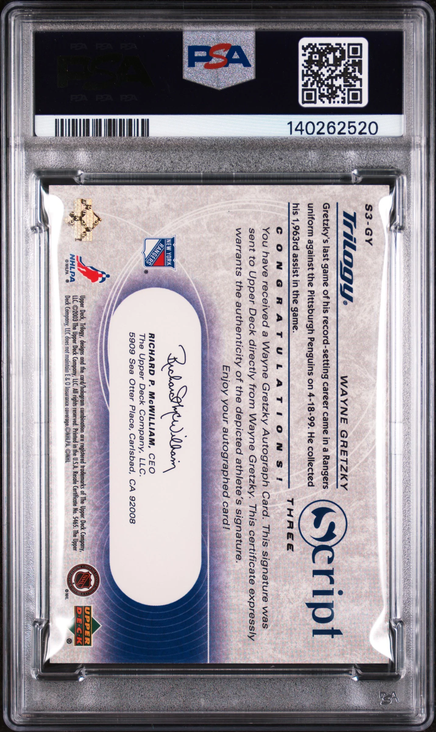 2003 Upper Deck Trilogy Script Three Script Three Wayne Gretzky #S3-GY PSA 8 - Image 2