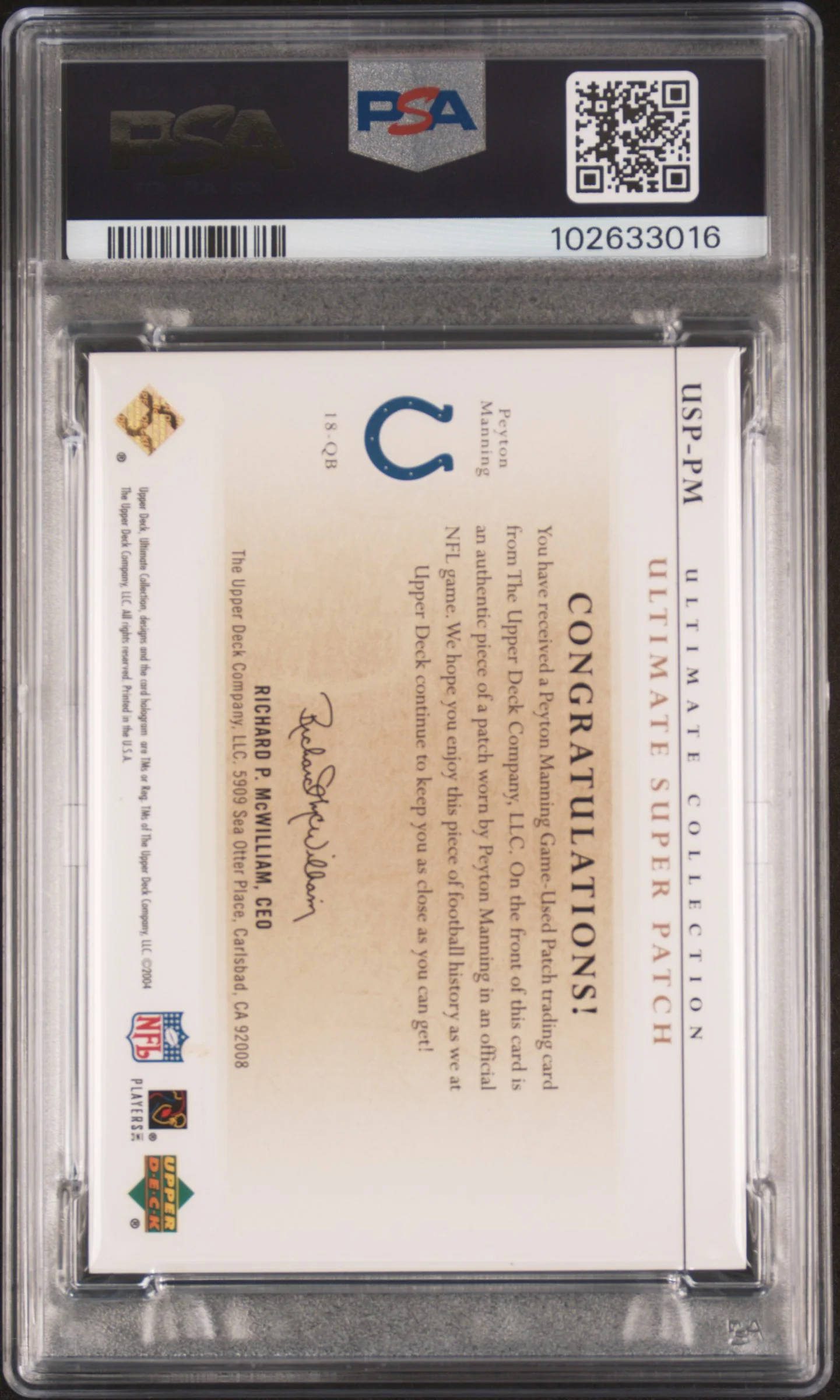 2004 Ultimate Collection Game Jersey Super Patch Peyton Manning #USPPM /15 PSA 6 - Image 2
