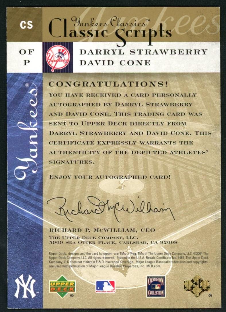 2004 Upper Deck Yankees Classics 2 Darryl Strawberry David Cone Classic Scripts /100 New York Yankees Auto - Image 2