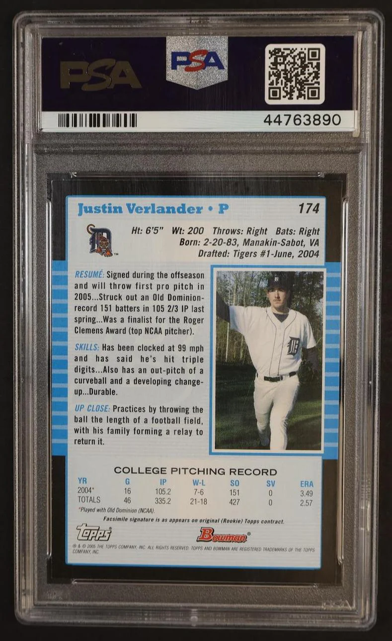 2005 Bowman Justin Verlander #174 PSA 9 - Image 2