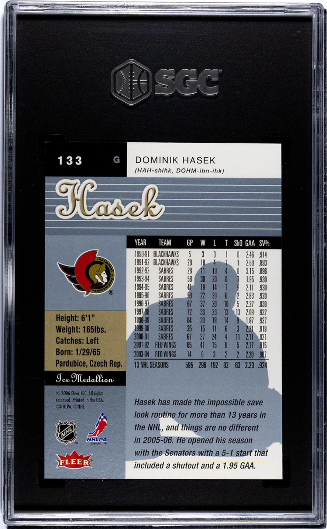2005 Fleer Ultra #133 Dominik Hasek Ice Medallion /100 SGC 9.5 - Image 2