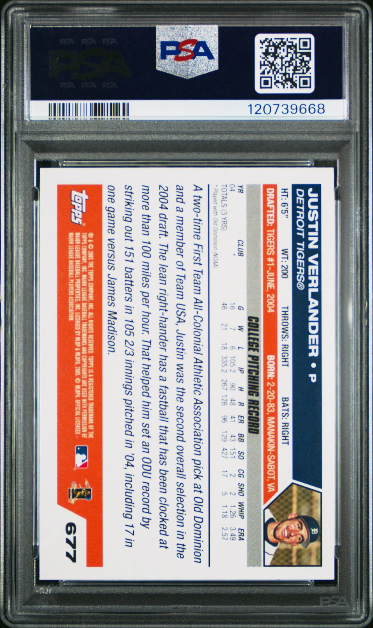 2005 Topps Draft Pick Justin Verlander #677 RC PSA 9 - Image 2