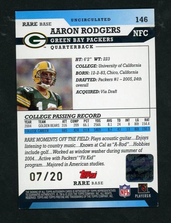 2005 Topps Pristine Uncirculated Rare Base Aaron Rodgers #146 Auto /20 - Image 2