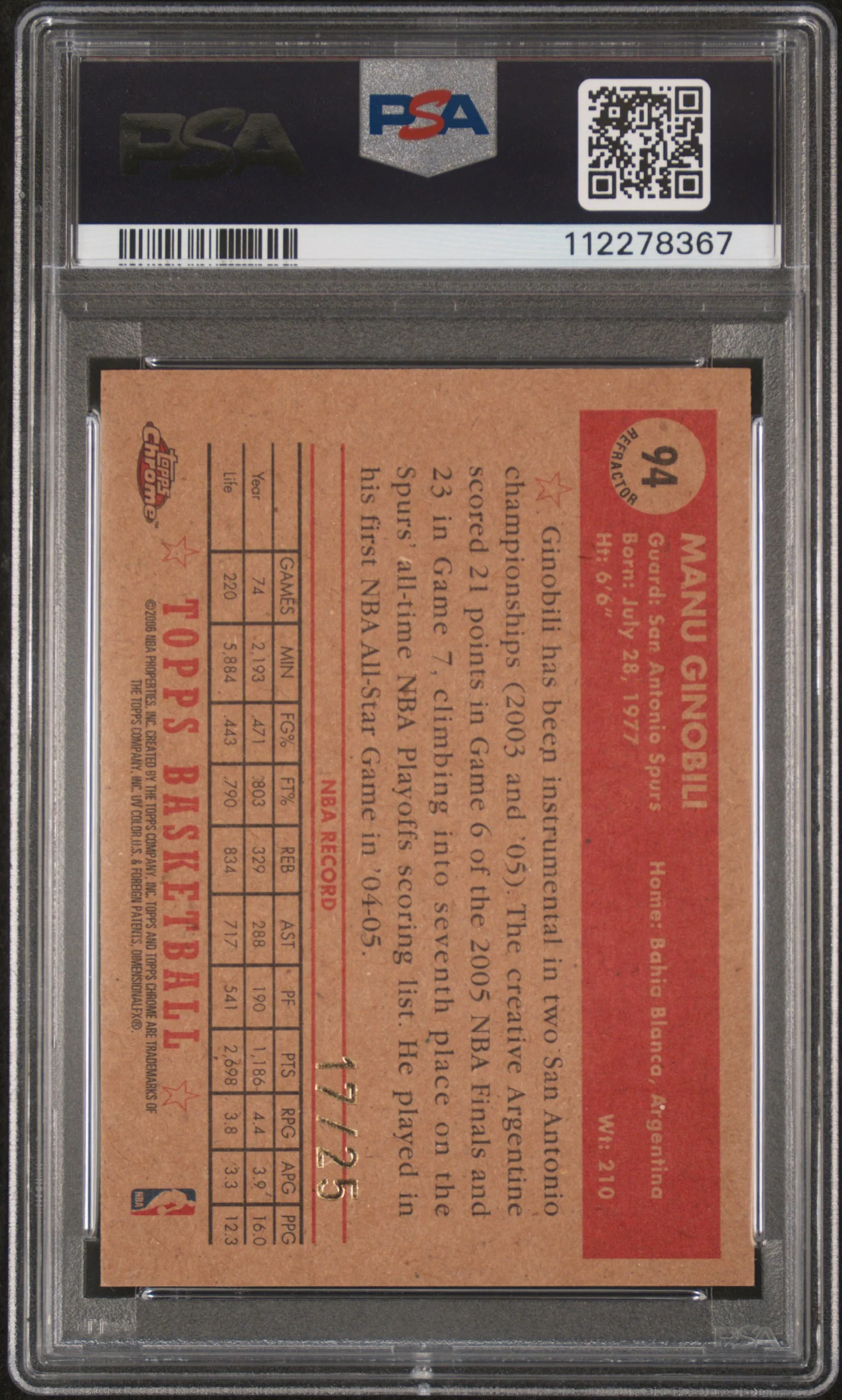 2005 Topps Style Chrome Gold Refractor Manu Ginobili #94 /25 PSA 8 - Image 2
