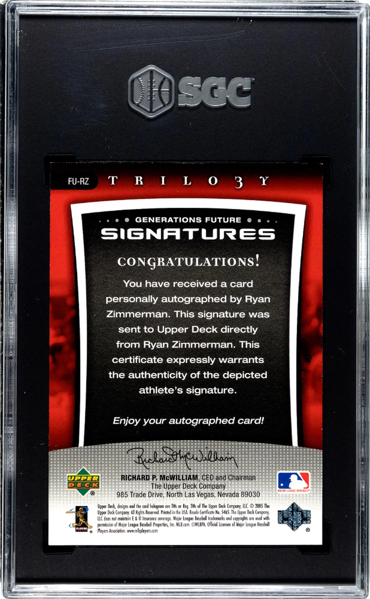2005 Trilogy #FU-RZ Ryan Zimmerman Generations Future Signatures /150 SGC 8.5 - Image 2