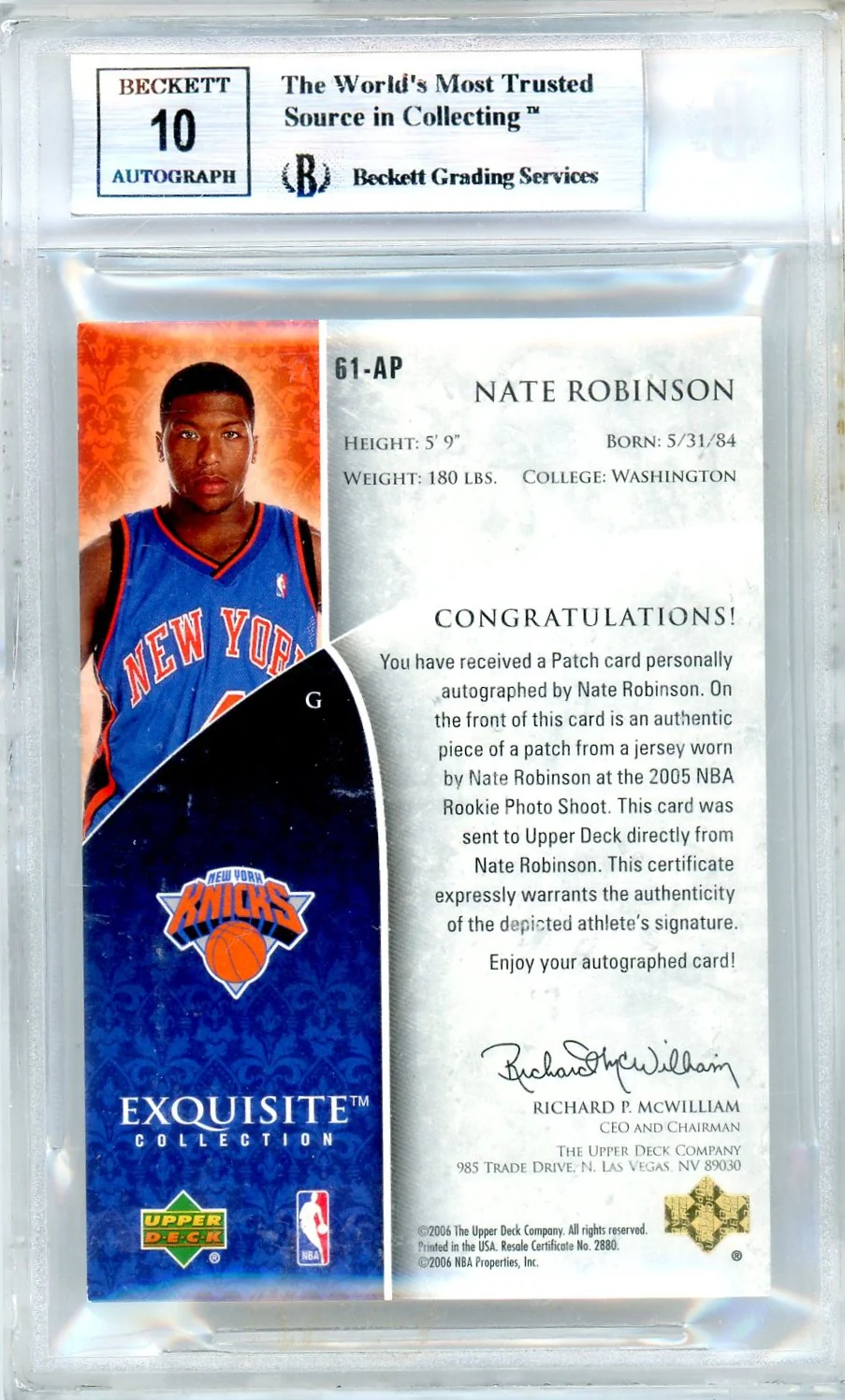 2005-06 Upper Deck Exquisite Nate Robinson #61 RPA /225 BGS 9 Auto 10 - Image 2