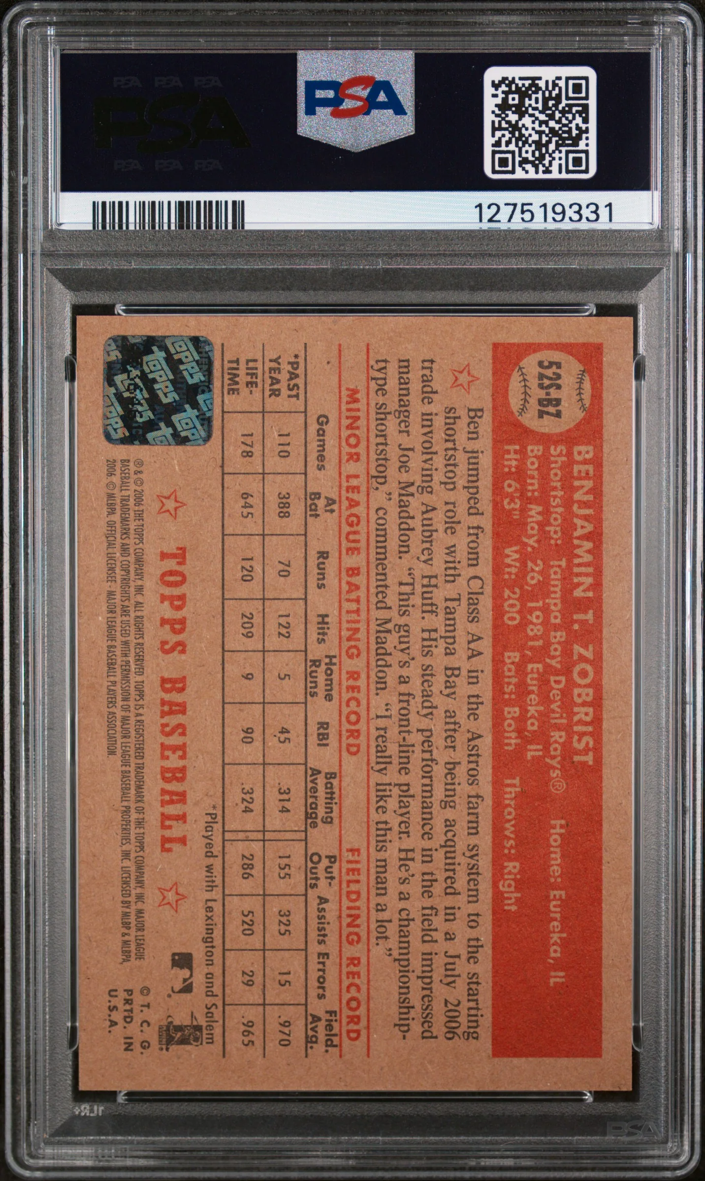 2006 Topps '52 Signatures Ben Zobrist #52SBZ PSA 8 - Image 2