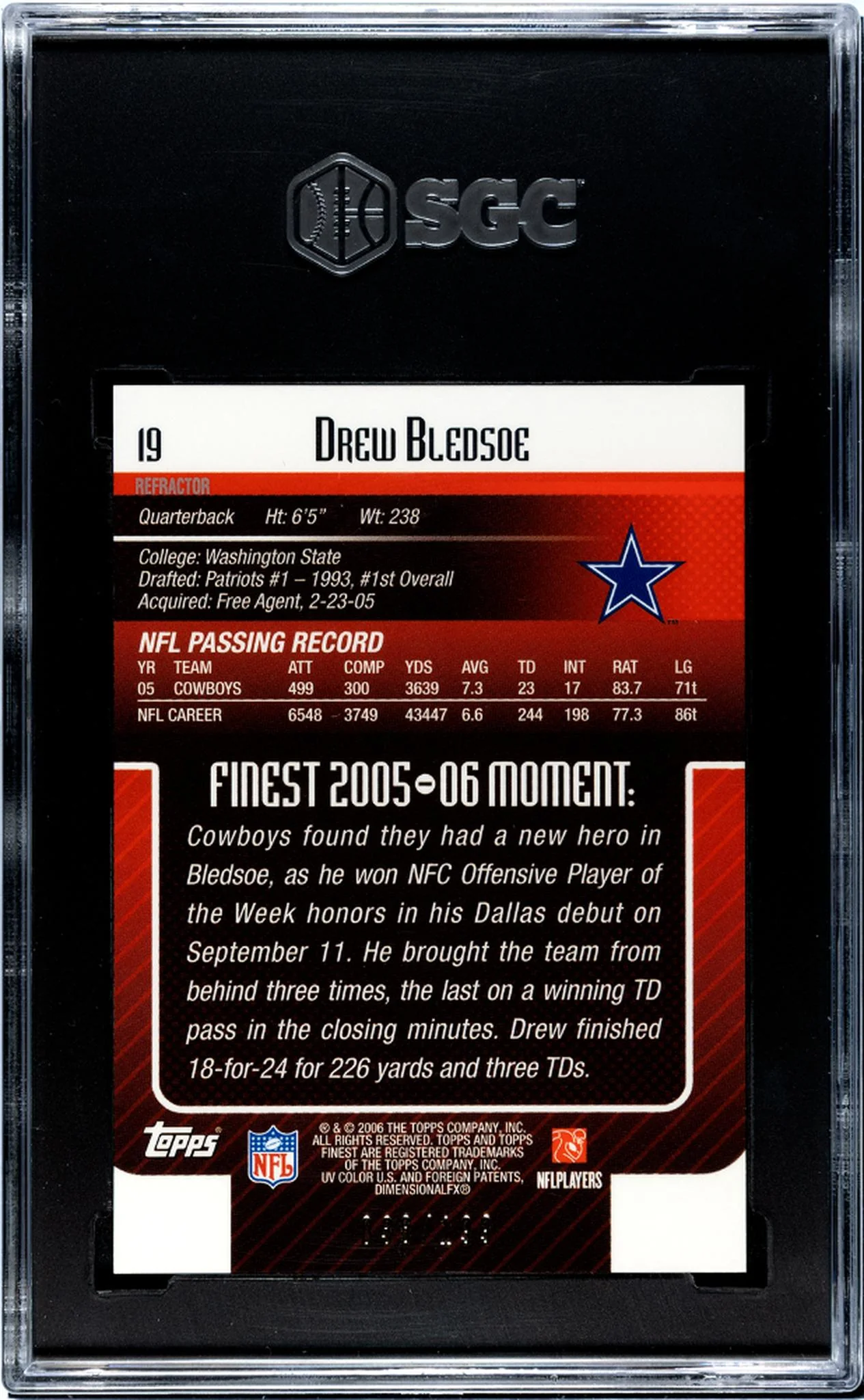 2006 Topps Finest Green Refractor Drew Bledsoe #19 /199 SGC 9 - Image 2