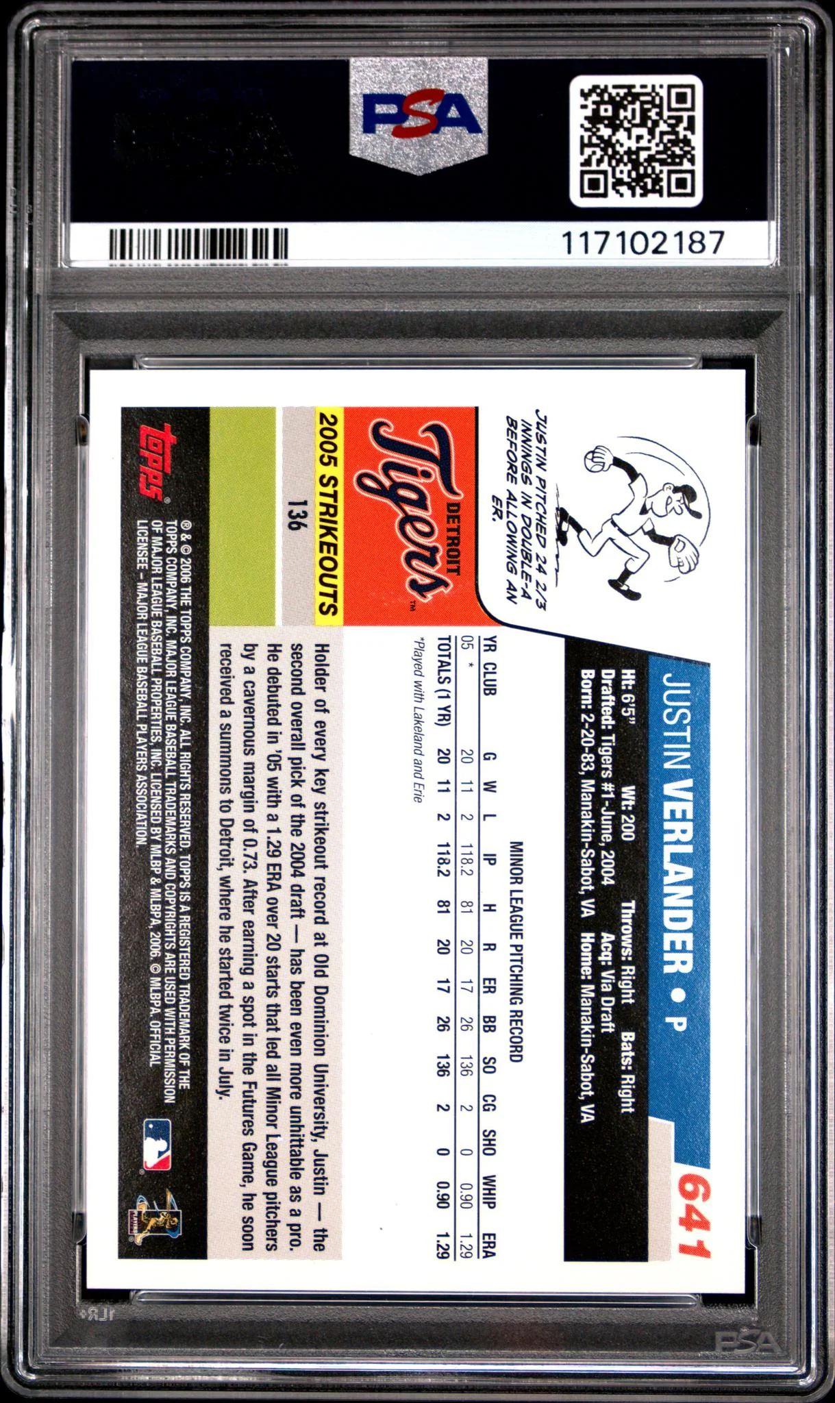 2006 Topps Justin Verlander #641 PSA 9 - Image 2