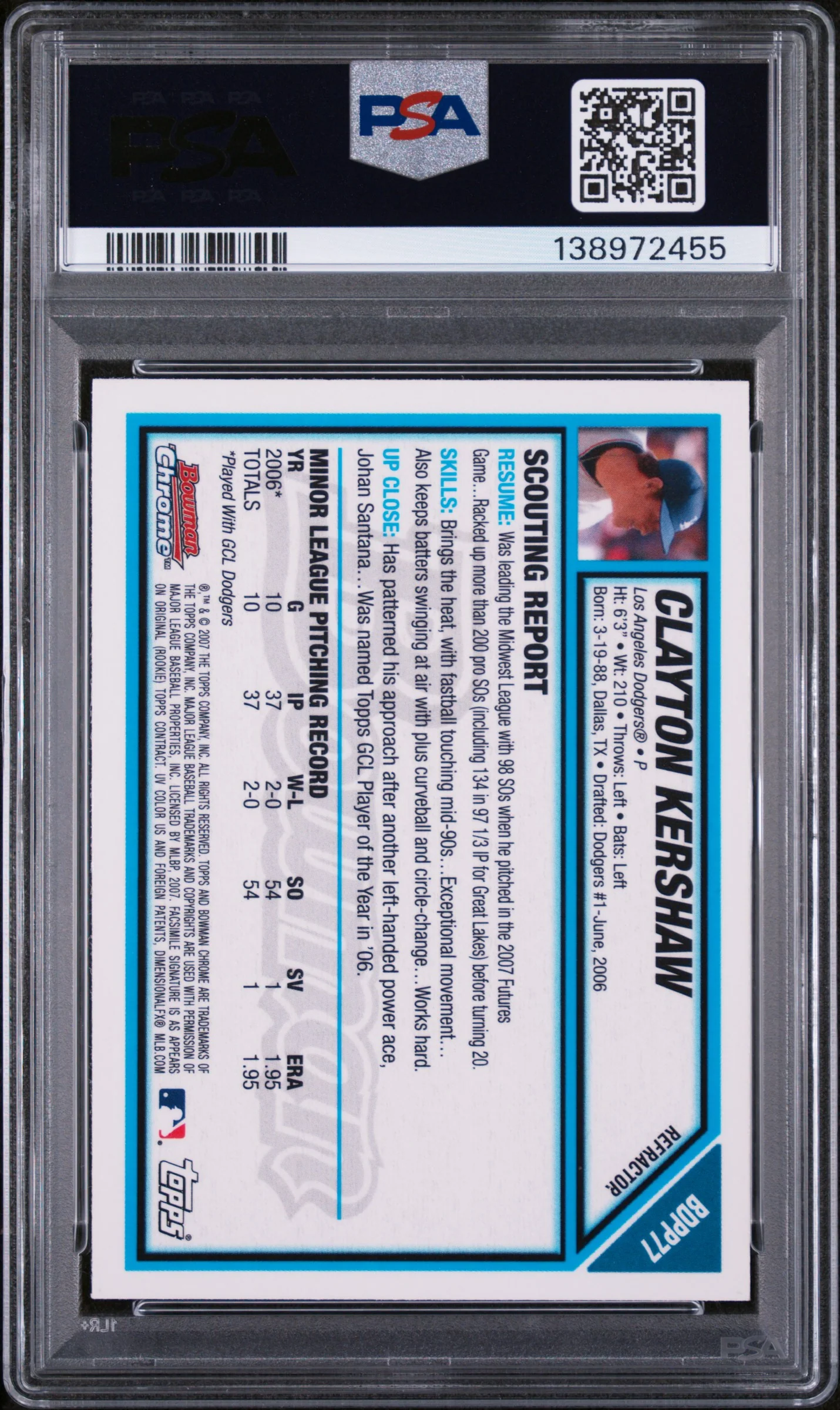 2007 Bowman Chrome Draft Picks & Prospects Refractor Clayton Kershaw #BDPP77 PSA 8 - Image 2