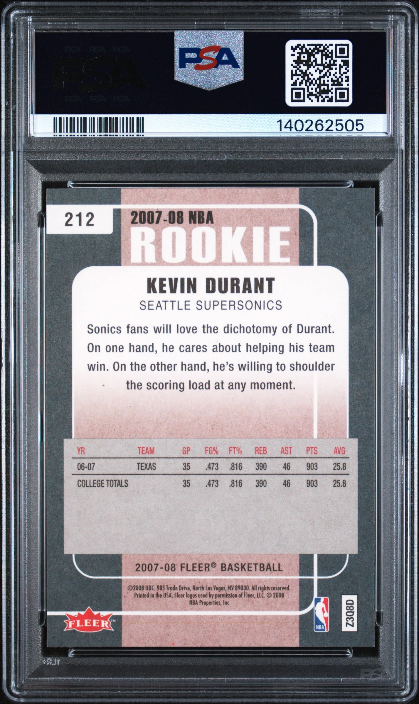 2007 Fleer Rookie Kevin Durant #212 PSA 10 - Image 2