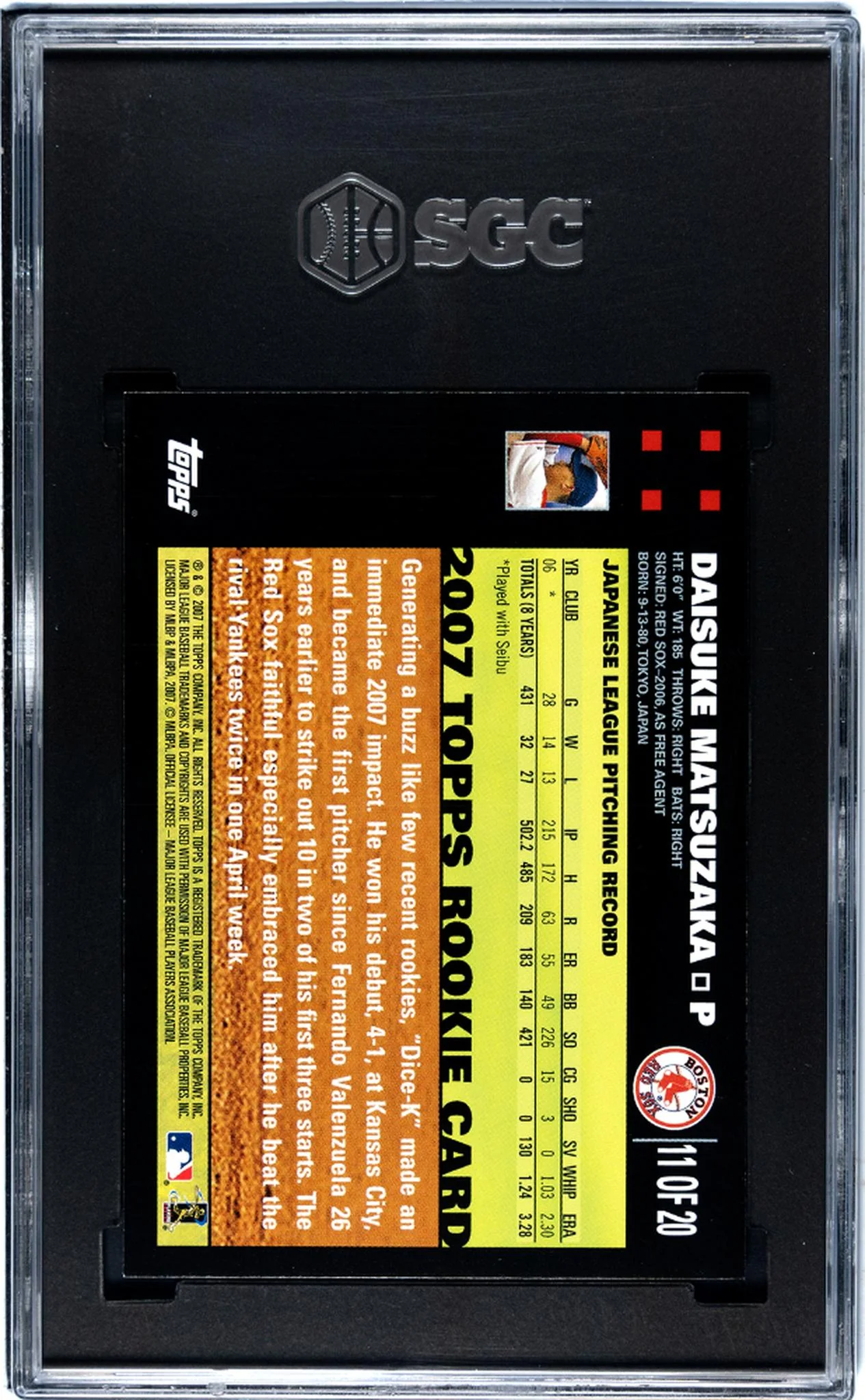 2007 Topps #11 Daisuke Matsuzaka Factory Set Bonus SGC 9 - Image 2