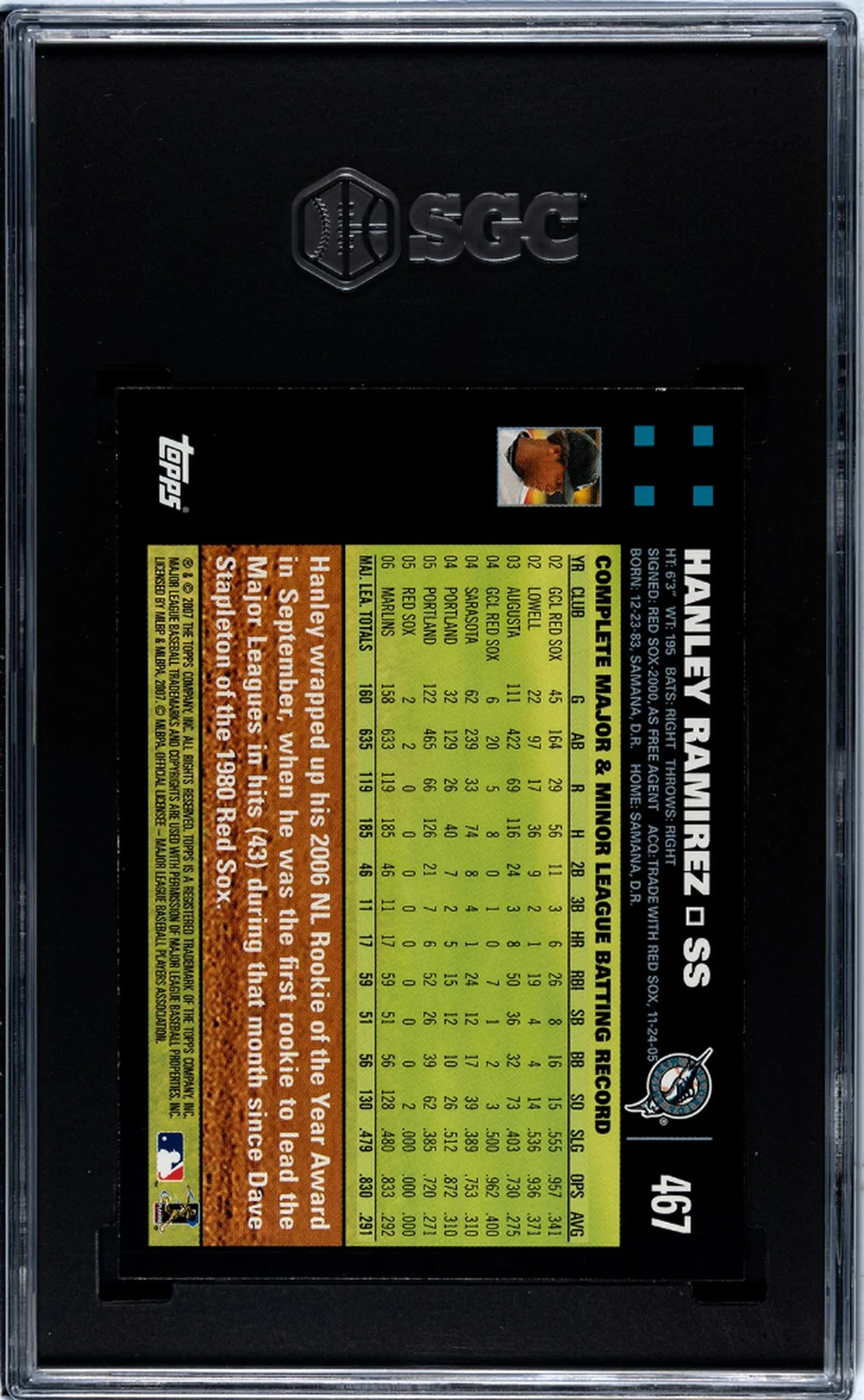 2007 Topps #467 Hanley Ramirez SGC 8 - Image 2