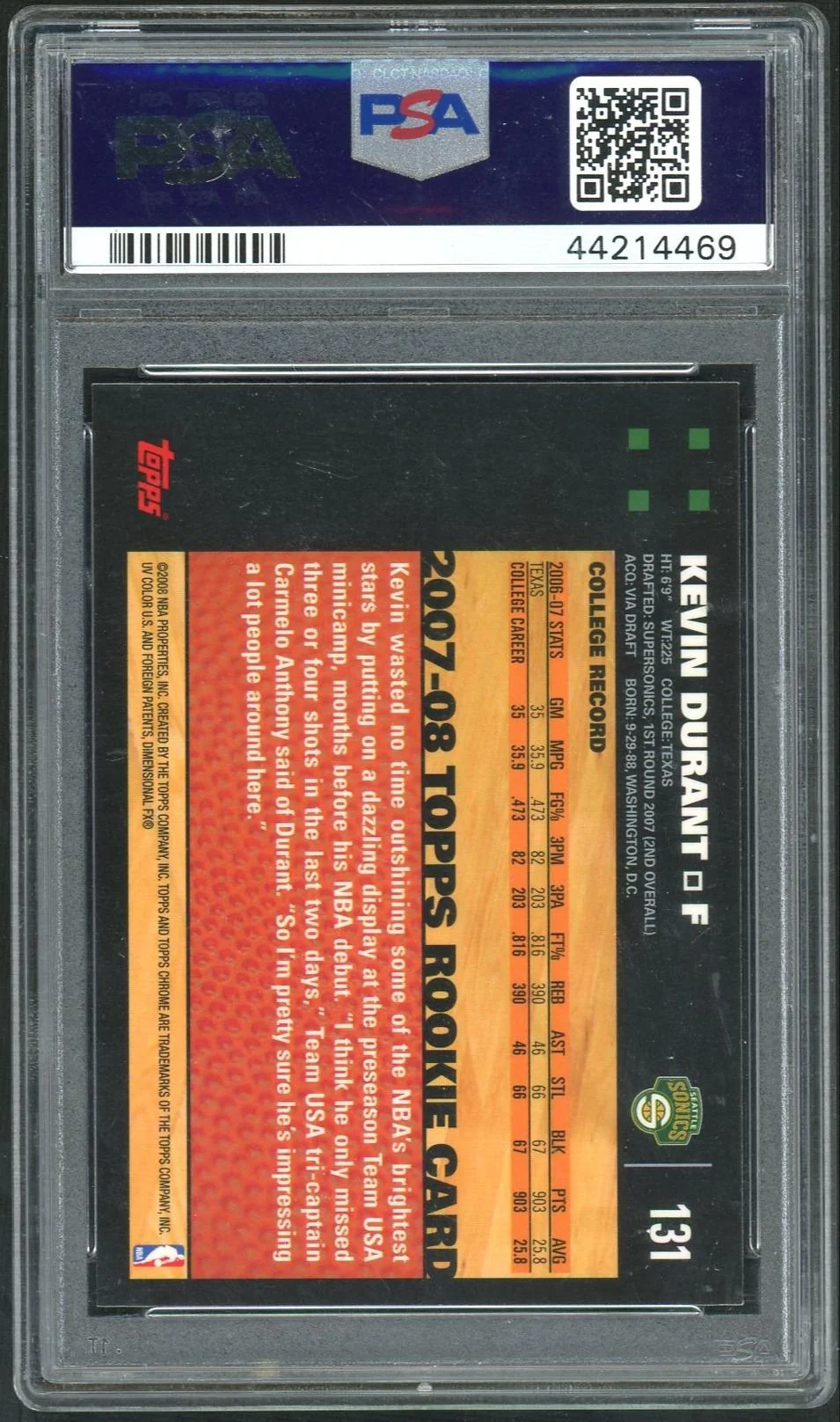 2007 Topps Chrome Kevin Durant #131 PSA 9 - Image 2