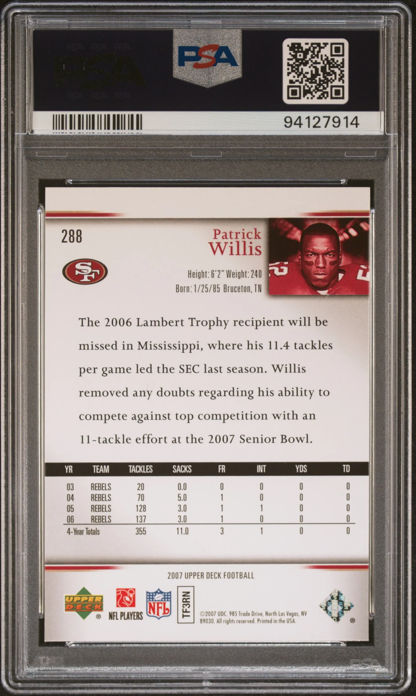 2007 Upper Deck Patrick Willis #288 PSA 9 - Image 2