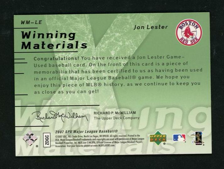 2007 Upper Deck SPx Winning Materials Jon Lester #WM-LE /15 - Image 2