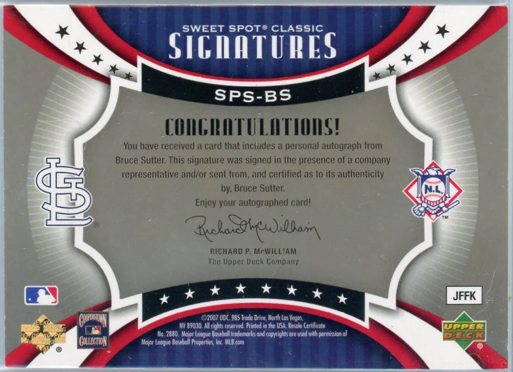 2007 Upper Deck Sweet Spot Classic Signatures Bruce Sutter #SPS-BS Auto /75 - Image 2