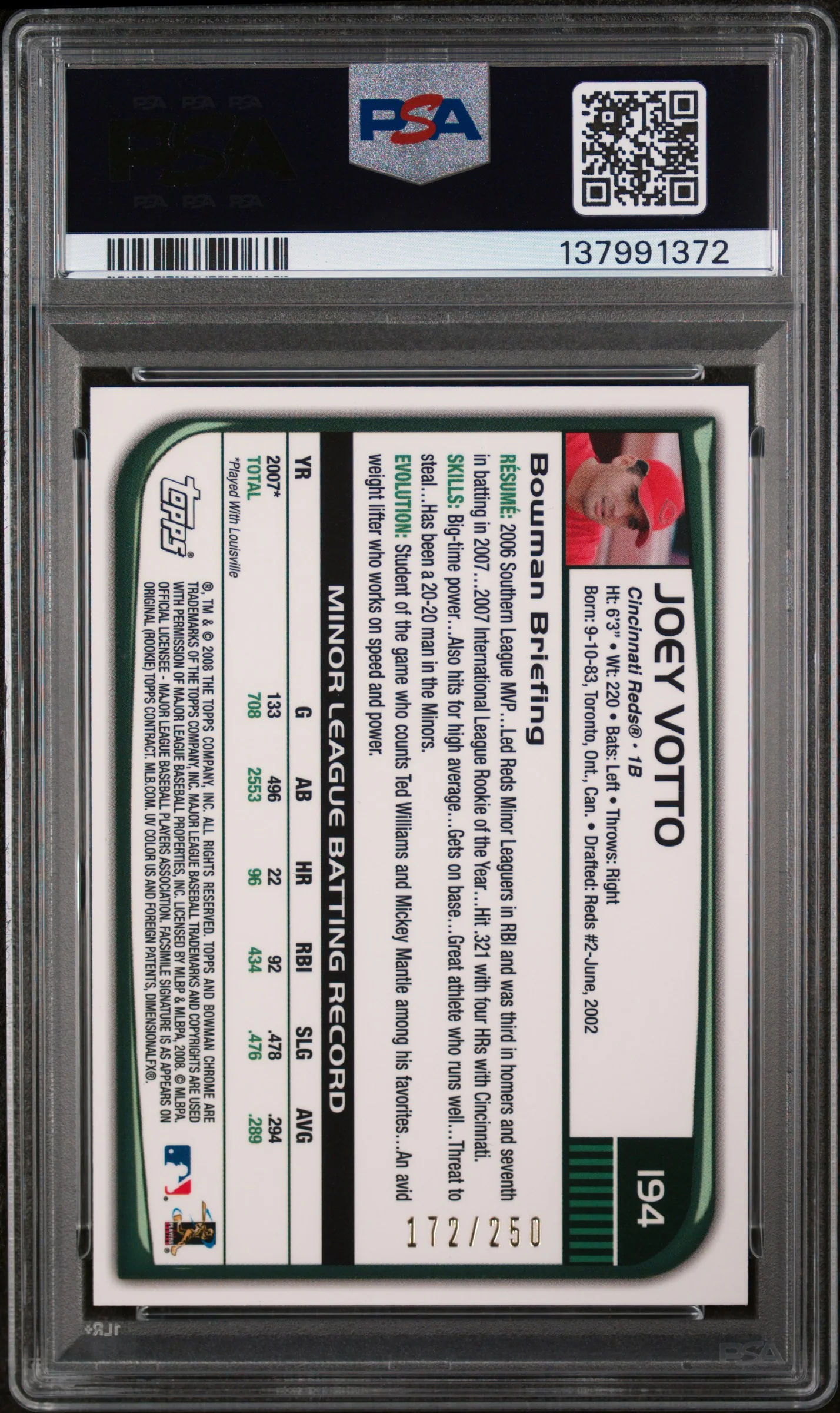 2008 Bowman Chrome Xfractor Joey Votto #194 /250 PSA 10 - Image 2
