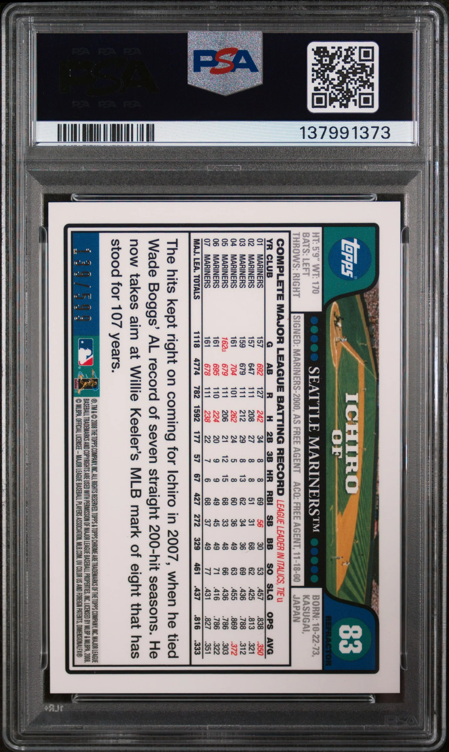 2008 Topps Chrome Copper Refractor Ichiro Suzuki #83 /599 PSA 10 - Image 2