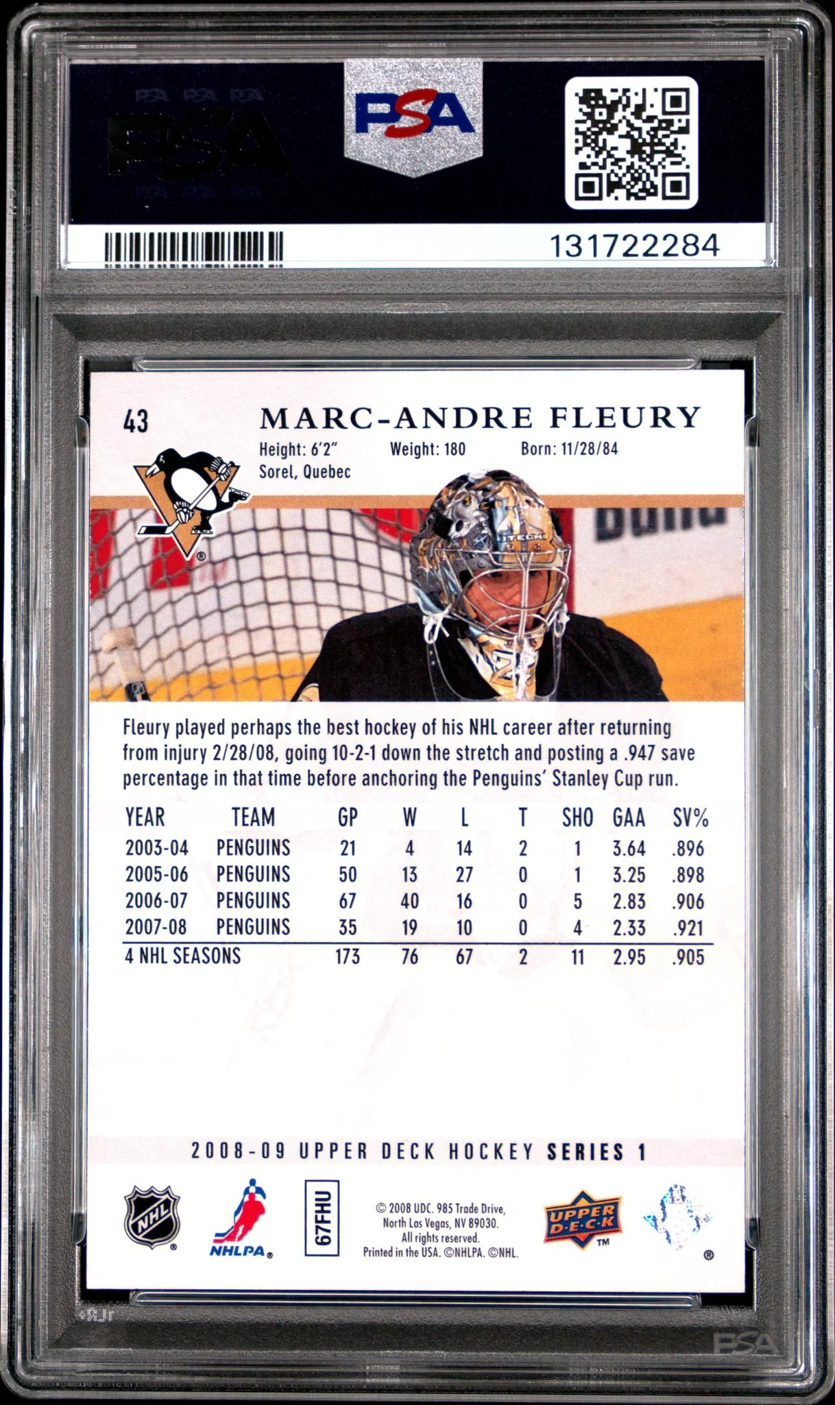 2008 Upper Deck Marc Andre-Fleury #43 PSA 10 - Image 2