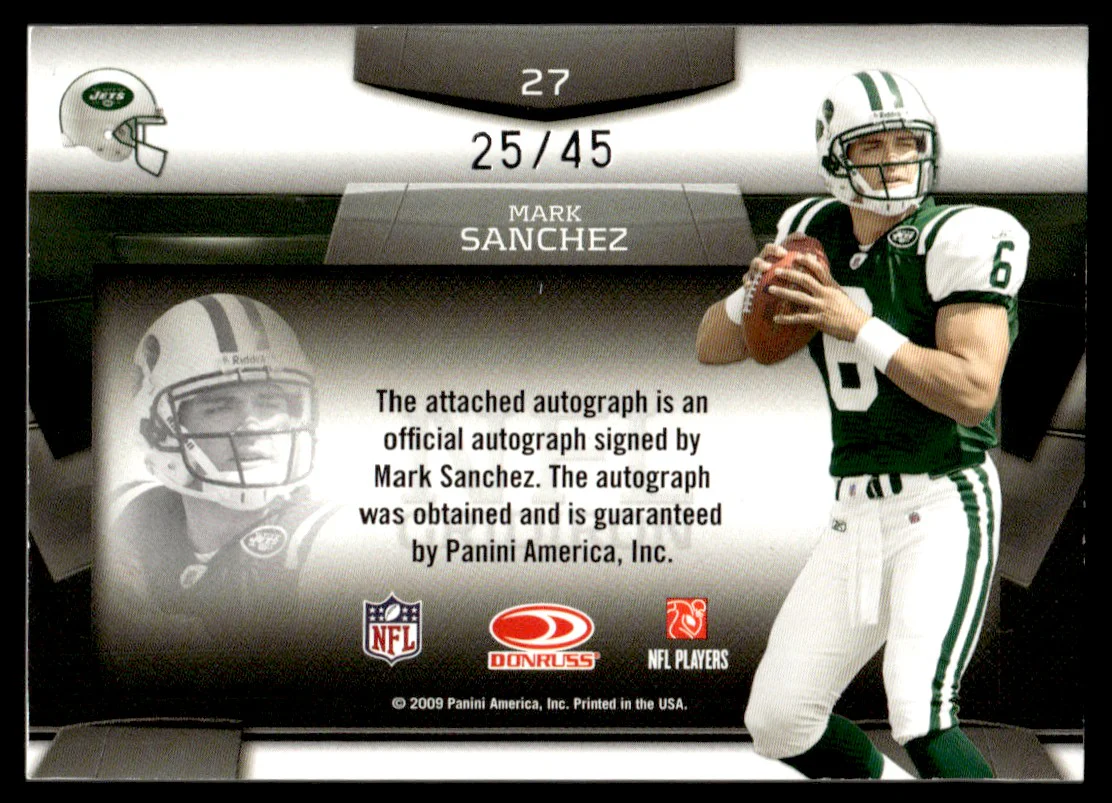 2009 Panini Donruss 27 Mark Sanchez Gridiron Gear /45 Jets Auto - Image 2