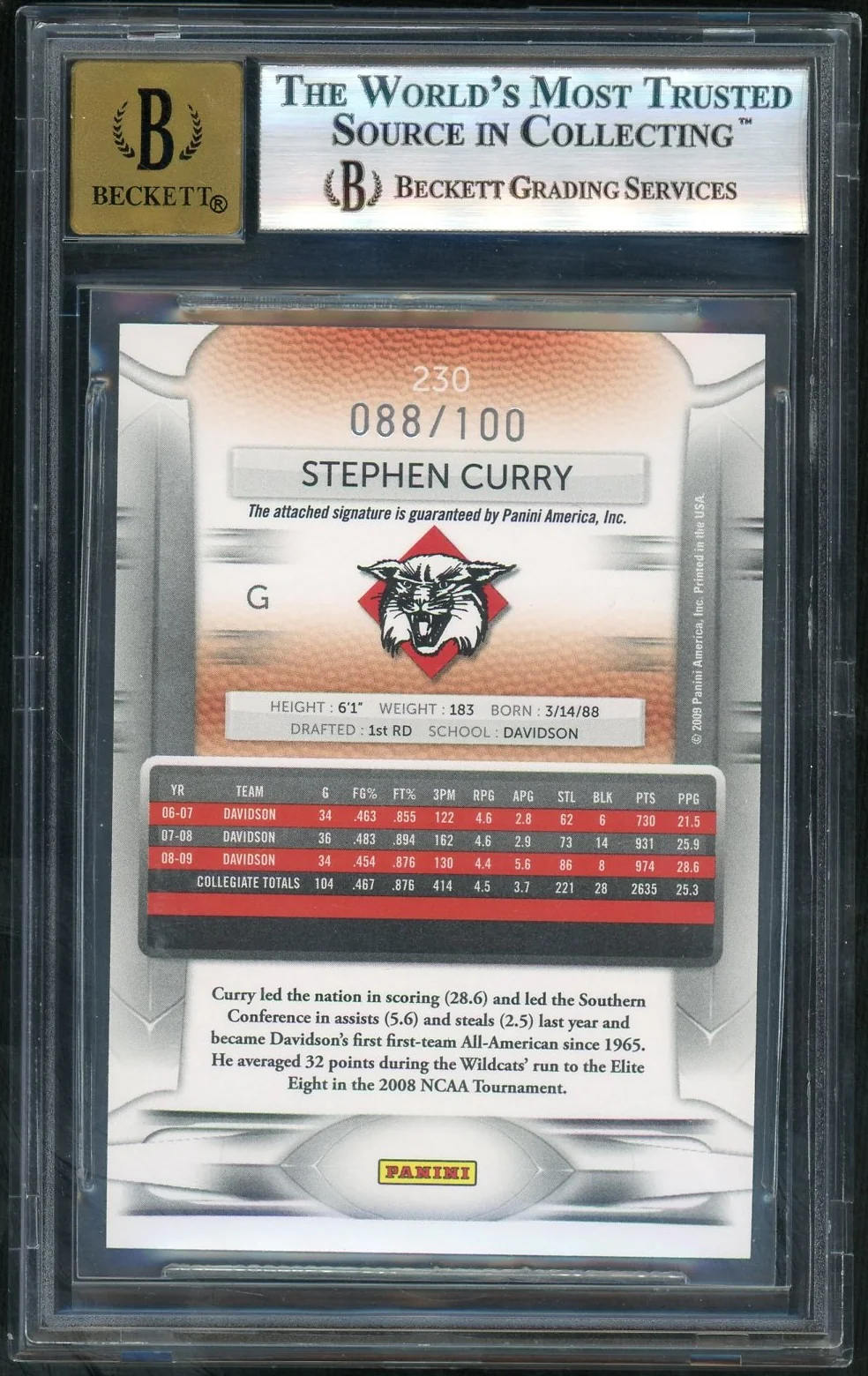 2009 Panini Prestige Draft Picks Light Blue Autograph Stephen Curry #230 /100 BGS 9 - Image 2