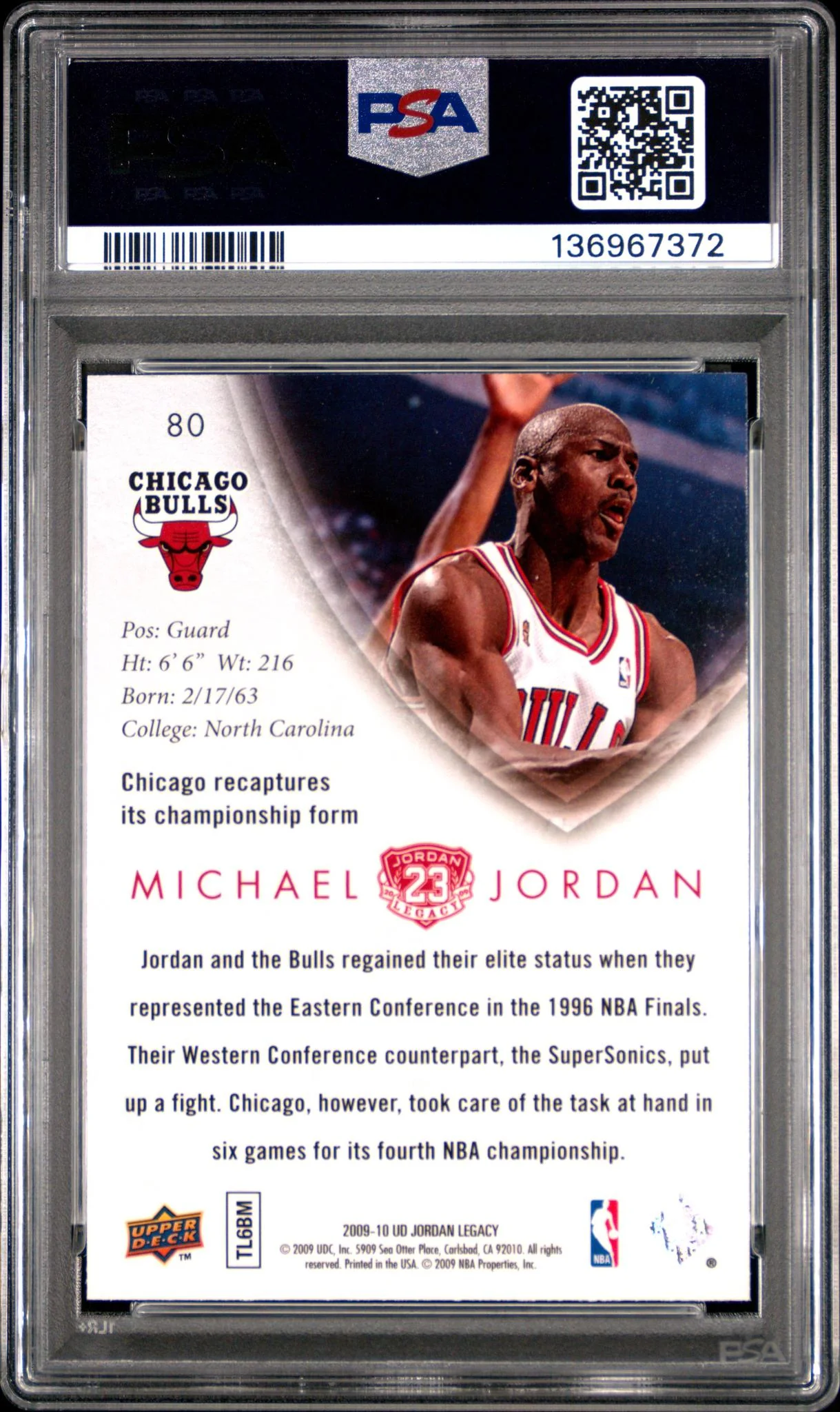 2009 Upper Deck Michael Jordan Legacy Collection Gold Michael Jordan #80 PSA 9 - Image 2