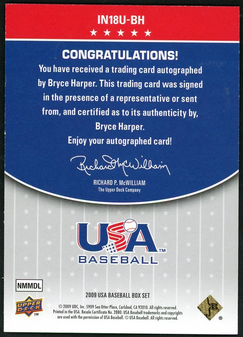 2009 Upper Deck USA Baseball Bryce Harper Blue Inscriptions - Image 2