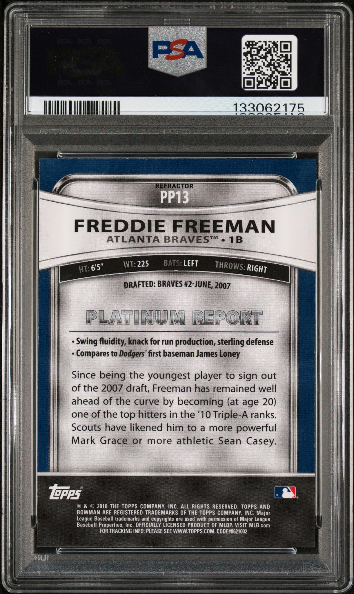 2010 Bowman Platinum Prospects Purple Refractor Freddie Freeman #PP13 PSA 8 - Image 2