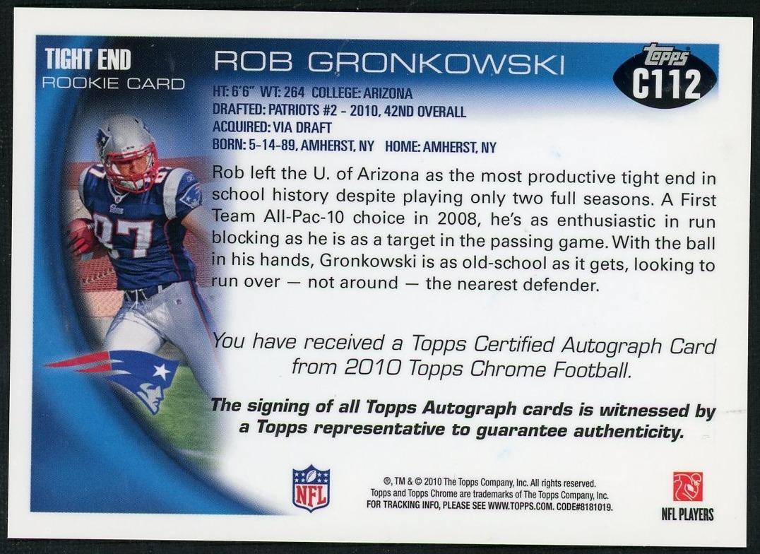 2010 Topps Chrome C112 Rob Gronkowski Rookie Autograph - Image 2