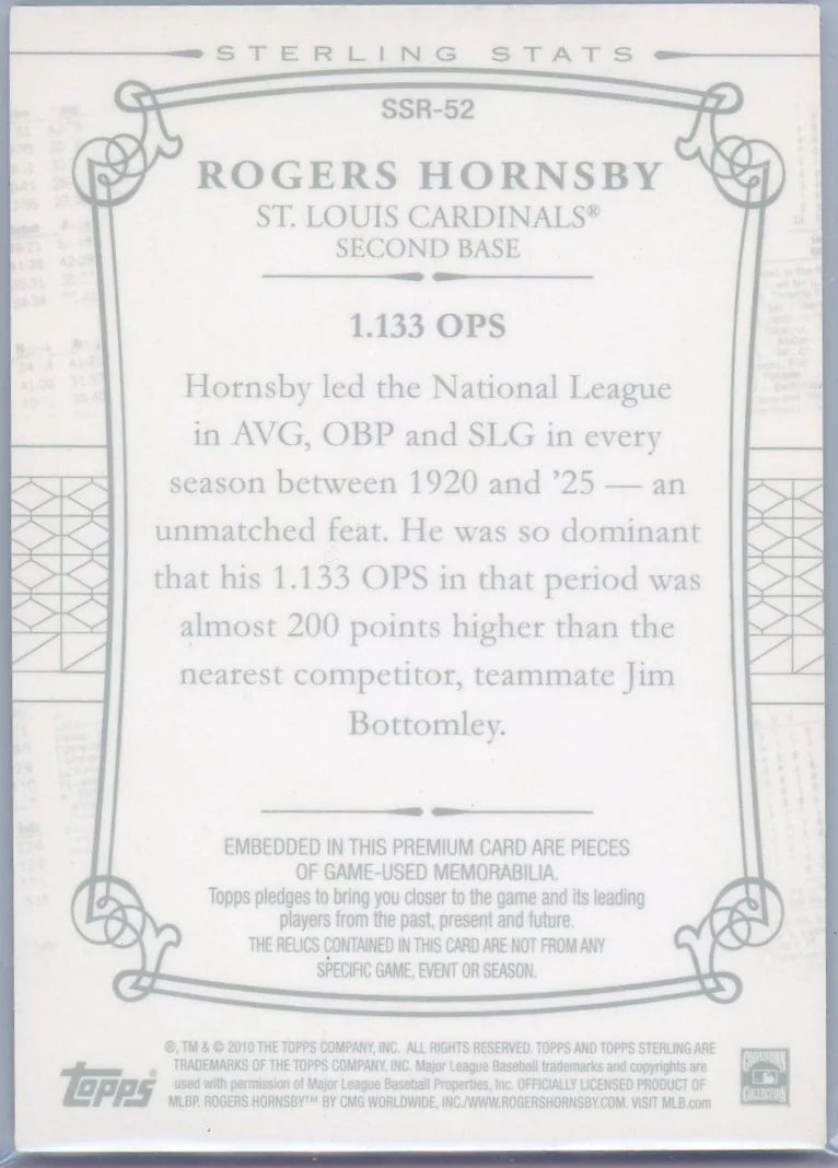 2010 Topps Sterling Sterling Stats Rogers Hornsby #SSR-52 Bat Relic 1/1 - Image 2