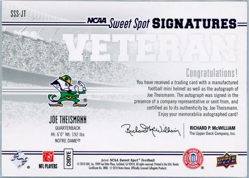 2010 Upper Deck NCAA Sweet Spot Signatures Joe Theismann #SSS-JT Auto /100 - Image 2
