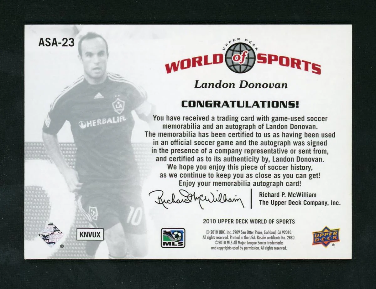 2010 Upper Deck World of Sports ASA-23 Landon Donovan All-Sport Apparel LA Galaxy Auto - Image 2