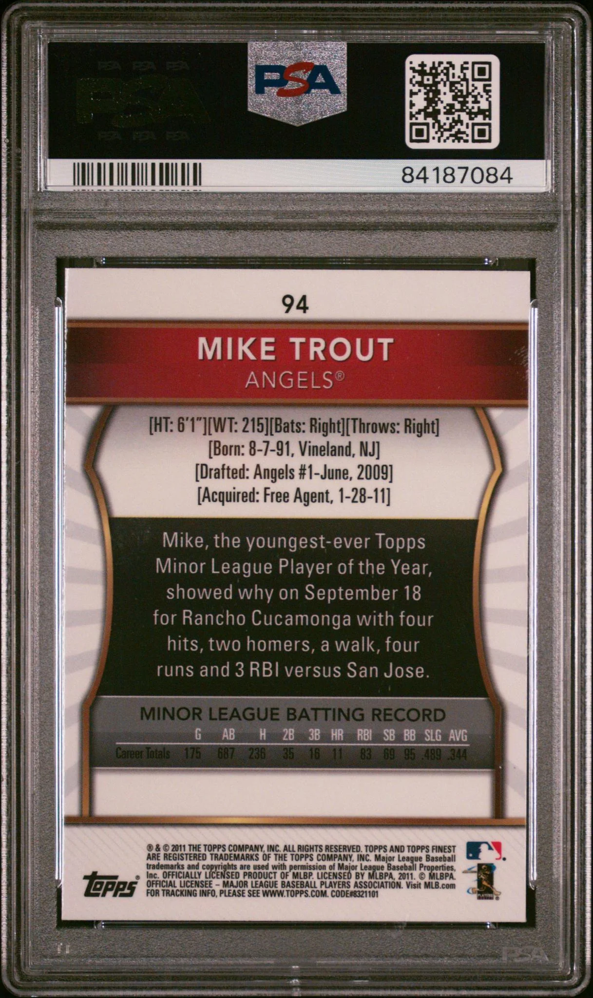 2011 Finest Mike Trout #94 PSA 10 - Image 2