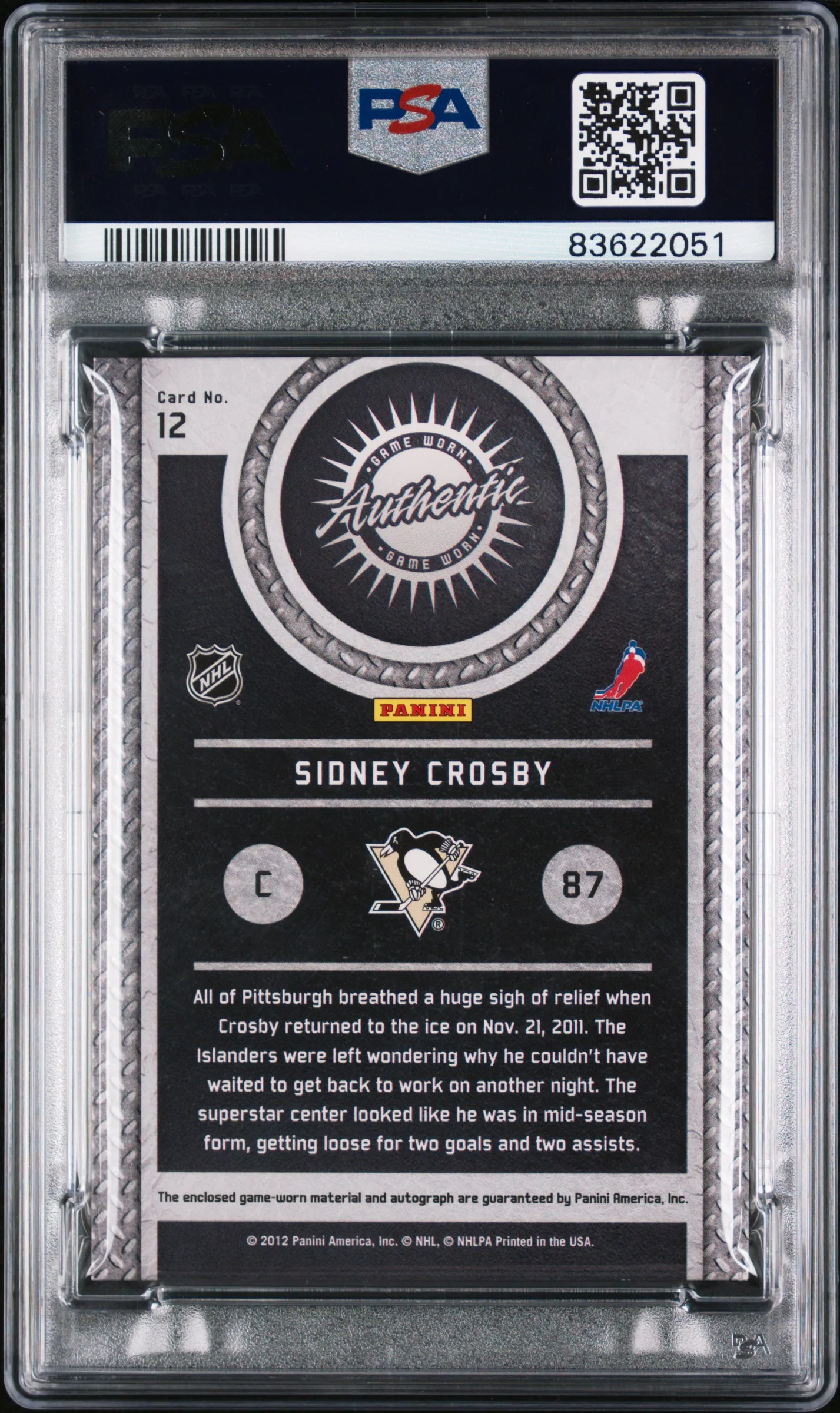 2011 Panini Titanium Game Worn Gear Autograph Sidney Crosby #12 /10 PSA 9 - Image 2